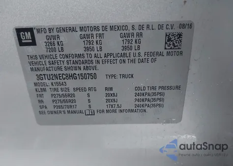 2017 GMC Sierra 1500 Slt z USA, uszkodzony, nr VIN 3GTU2NEC8HG150750